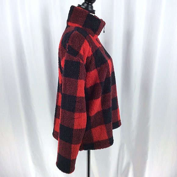 Eddie Bauer 1/4 Zip Fleece Pullover Womens Size Large Buffalo Plaid Red Black - Picture 2 of 9